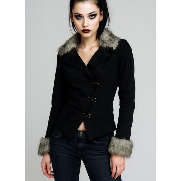 TRIPP NYC Y2K Steampunk Gothic Core Hook Front Faux Fur Black Denim Jacket Large - Picture 1 of 7